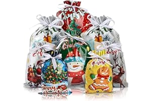 AURUZA 20PCS Christmas Drawstring Gift Bags - Assorted Sizes from Small to Jumbo, with Colorful Designs & Tags, Ideal for Holiday Wrapping & Decorations Party Favors