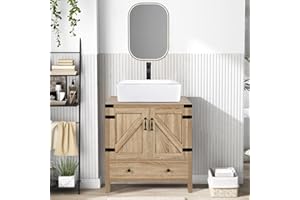 Puluomis 28-inch Bathroom Vanity, Modern Natural Color Wood Fixture Stand Pedestal Bathroom Cabinet with Bathroom Square White Ceramic Vessel Sink Top