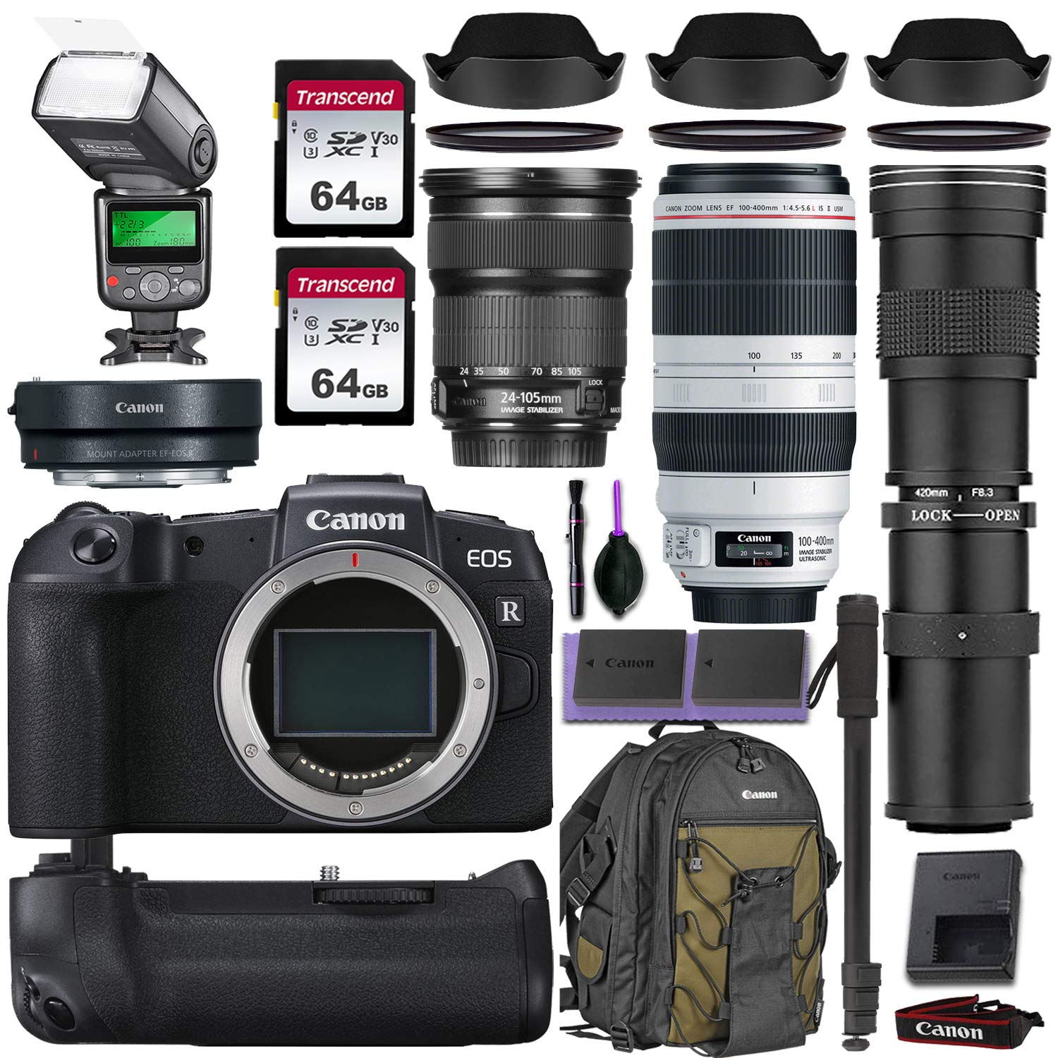 Canon EOS RP Mirrorless Digital Camera w/Canon 24-105mm STM, Canon 100-400mm is II USM & Commander 4