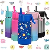CHILLOUT LIFE 12 oz Kids Insulated Water Bottle for School with Straw Lid Leakproof and Cute Waterproof Stickers, Personalized Stainless Steel Thermos Flask Metal Water Bottle, Blue Space
