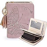 KITEVIUN Women RFID Blocking Small Bifold Wallet, Compact Cash Clutch with Zipper Coin Pocket, Glittery Butterfly Design, Credit Card Holder, Travel Purse with Tassel PURPLE