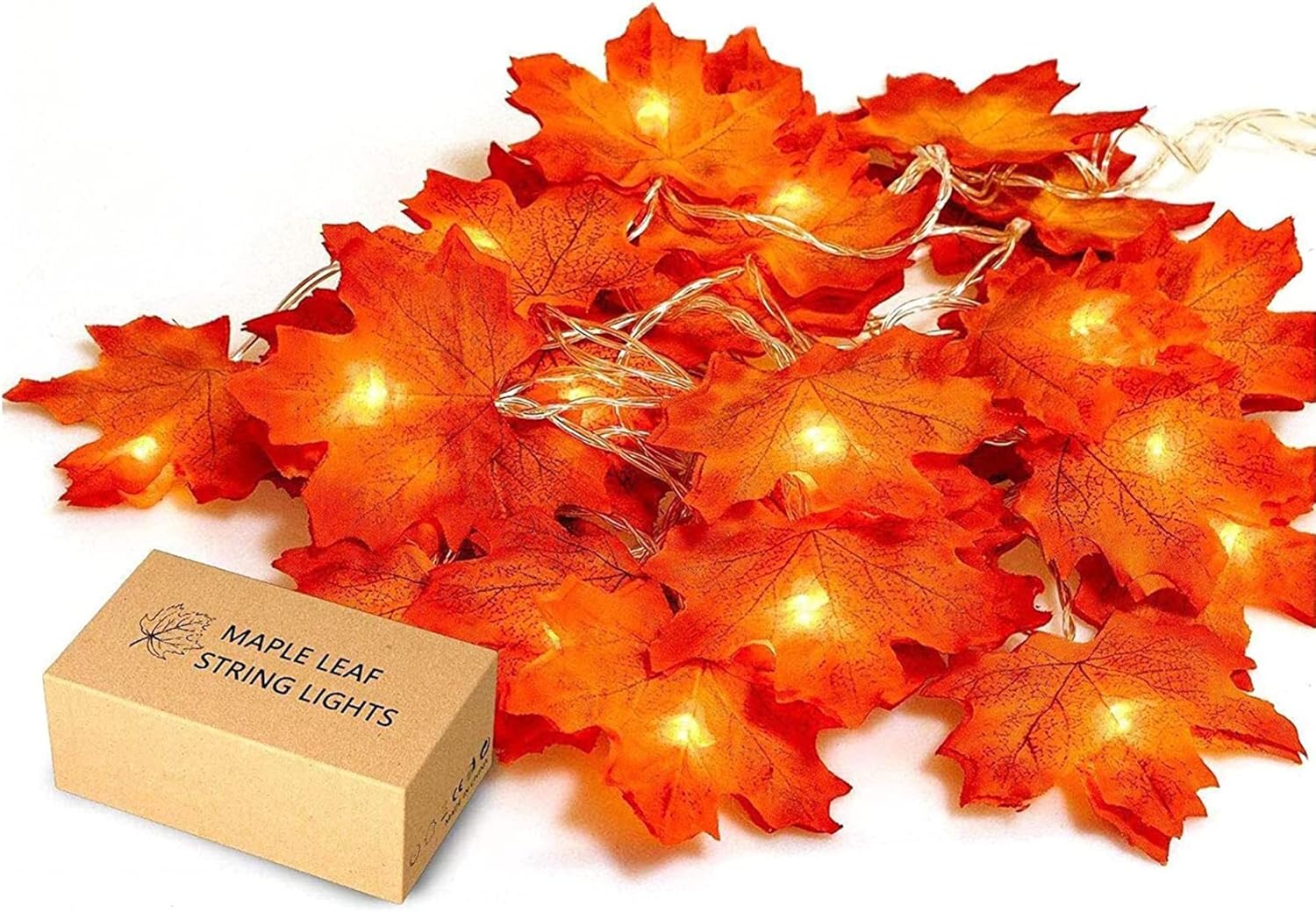 String Lights - JamBer Fall Maple Leaf Garland 20 LED Maple Leaves Fairy Lights 7.4 Feet Fall Garland Lights Waterproof Maple Leaf String Lights 3AA Battery Powered Lighted Garland for Thanksgiving Halloween Decor