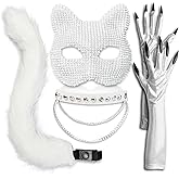 SlendyPop Cat Costume for Women - Collar Choker, Gloves, Rhinestone Mask, Tail & Accessories