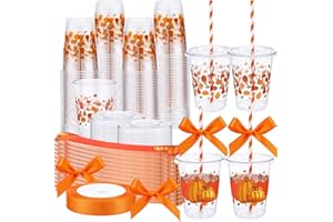 Jingmore 60 Pcs 12 oz Fall Pumpkin Plastic Cups Bulk with Lids Sleeves and Straws Autumn Thanksgiving Maple Leaves Disposable Clear Plastic Cups Holiday Birthday Wedding Party Favor Supplies