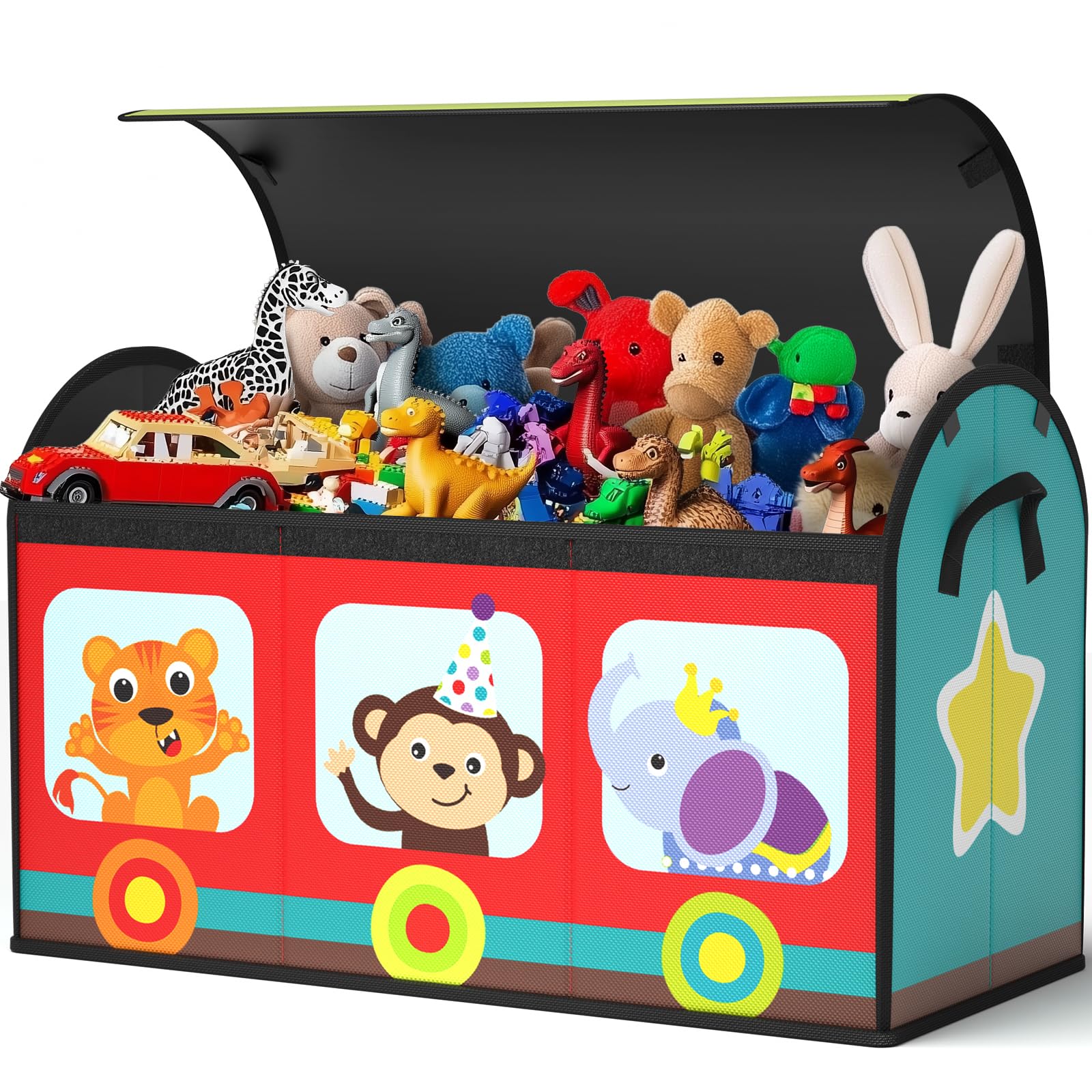 Photo 1 of YOHOOLYO Toy Storage Organizer for Kids, Large Sturdy Flip-Top Toy Box with Fabric Lid & Handles, Cute Train Design Toy Chest Bin Box Baskets for Playroom, Nursery, Boys, Girls