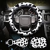Zadin 4 Pieces Cow Print Steering Wheel Cover Set with 2PCS Car Cup Coasters & Quarter Keyring, Universal 14.5-15 inches, Fashion Non-Slip Cow Print Steering Wheel Cover