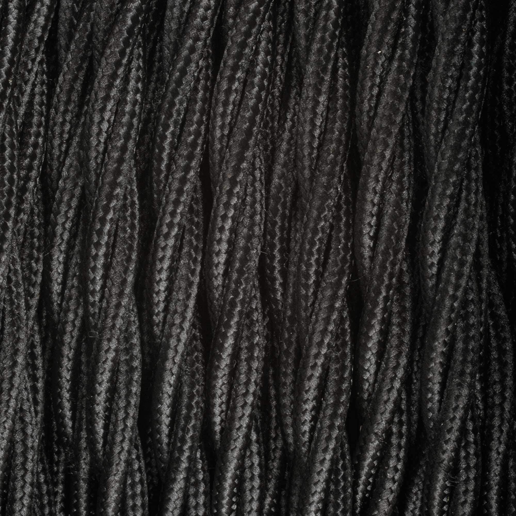 ElekTek Black Twisted Vintage-Style Braided Fabric Covered Lighting Flex Cable 2m Pack Length, 3-Core 6 Amp (0.75mm), EU Manufactured