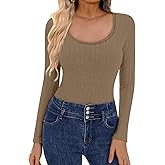 Ekouaer Women's Scoop Neck Shirts Long Sleeve Top Basic Ribbed Tee Lightweight Thermal Undershirt Slim Fit Pullover Sweater