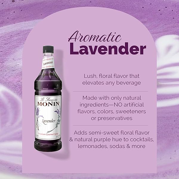 MONIN – LAVENDER SYRUP | AROMATIC & FLORAL, PREMIUM SYRUP FOR COCKTAILS, LATTES & MORE | CLEAN LABEL WITH NO ARTIFICIAL FLAVORS, NO ARTIFICIAL PRESERVATIVES (BPA FREE BOTTLE, 33.8 FL OZ)