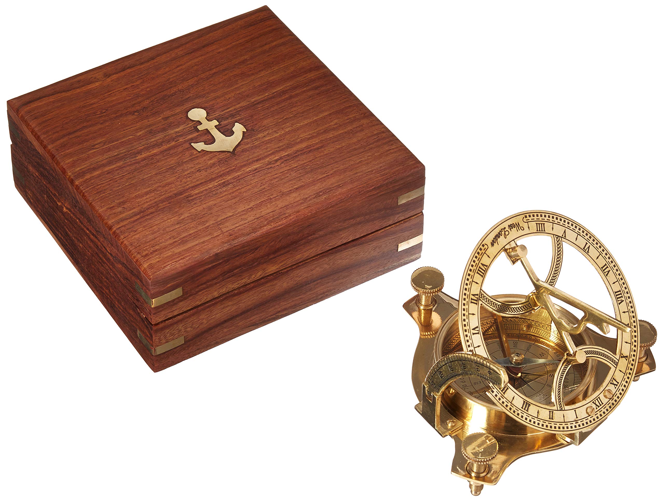 Nagina International Solid Brass 3" Sundial Compass - W/Inlaid Hardwood Box