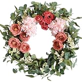 TEMPUS 20 inches Artificial Pink Peony Wreath for Front Door Wreath with Hydrangea Green Leaves Valentines Mother's Day Decor Wall Wedding Party Home Decor (Pink)