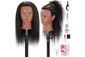YODIDI Mannequin Head with 100% Human Hair, Manikin Head Human Hair Cosmetology Doll Head for Hair Styling Hairdresser Practice Braiding with Table Clamp Stand and Tools (16 inch)