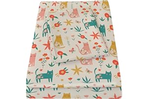 Bedmoon Girls Twin Sheets, Kids Green Cat Kitty Cute Animal Soft Microfiber Twin Sheets & Pillowcases with Corner Straps