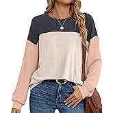 Fashion Color Block Long Sleeve Shirts Women Basic Crewneck Knitted Sweaters Fall Casual Loose Pullover Tops