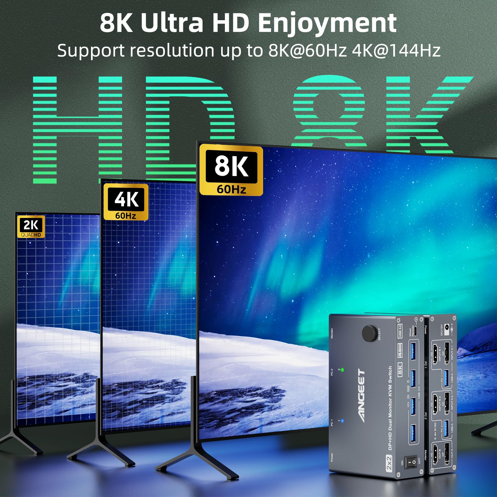 KVM Switch 2 Monitors 2 Computers 8K@60Hz, 4K@144Hz, ANGEET HDMI and Displayport Dual Monitor KVM Switch with 4 USB 3.0 Port for Keyboard Mouse Printer, with Wired Remote, Power Adapter and USB Cable