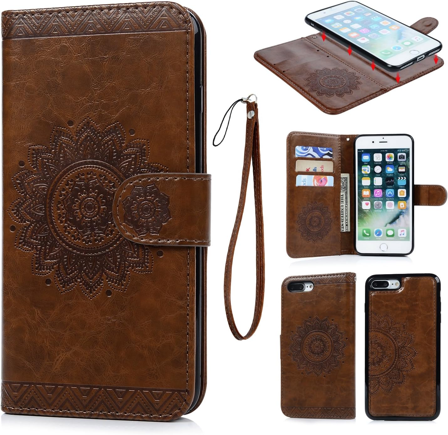 Geniric iPhone 7 Plus Case Leather Wallet Embossed Smile Love Design PU Leather Flip Case Detachable TPU Cover Magnetic Wallet with Card Slots & Wrist Strap Case for iPhone 7 Plus 5.5 inch - (Brown)