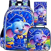 gxtvo 3PCS Elephant Backpack for Boys, 16" Kids Bookbag with Lunch Box, Water Resistant Elementary Preschool Toddler School Bag - Blue Dr.Elephant