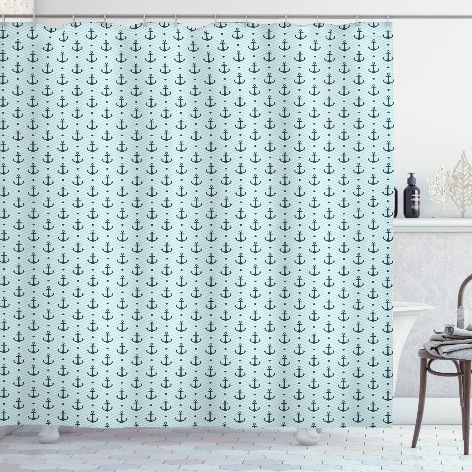 ABAKUHAUS Anchor Shower Curtain, Ocean Inspired Zigzag Backdrop with Pale Color Maritime Anchor and Dots Summertime, Cloth Fabric Bathroom Decor Set with Hooks, 94 Inches, Seafoam Teal