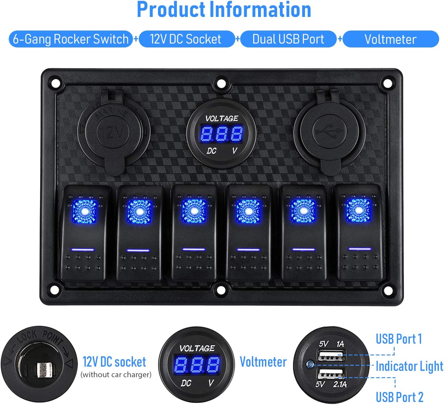 Kohree 6/8 Gang Marine Boat Rocker Switch Panel, 12V Waterproof RV Led Switch Panel for Car Truck Marine Boat, Digital Voltmeter Display Dual USB Charger Port DC 12 Volt Socket 12/24V Blue Lighted : Sports & Outdoors