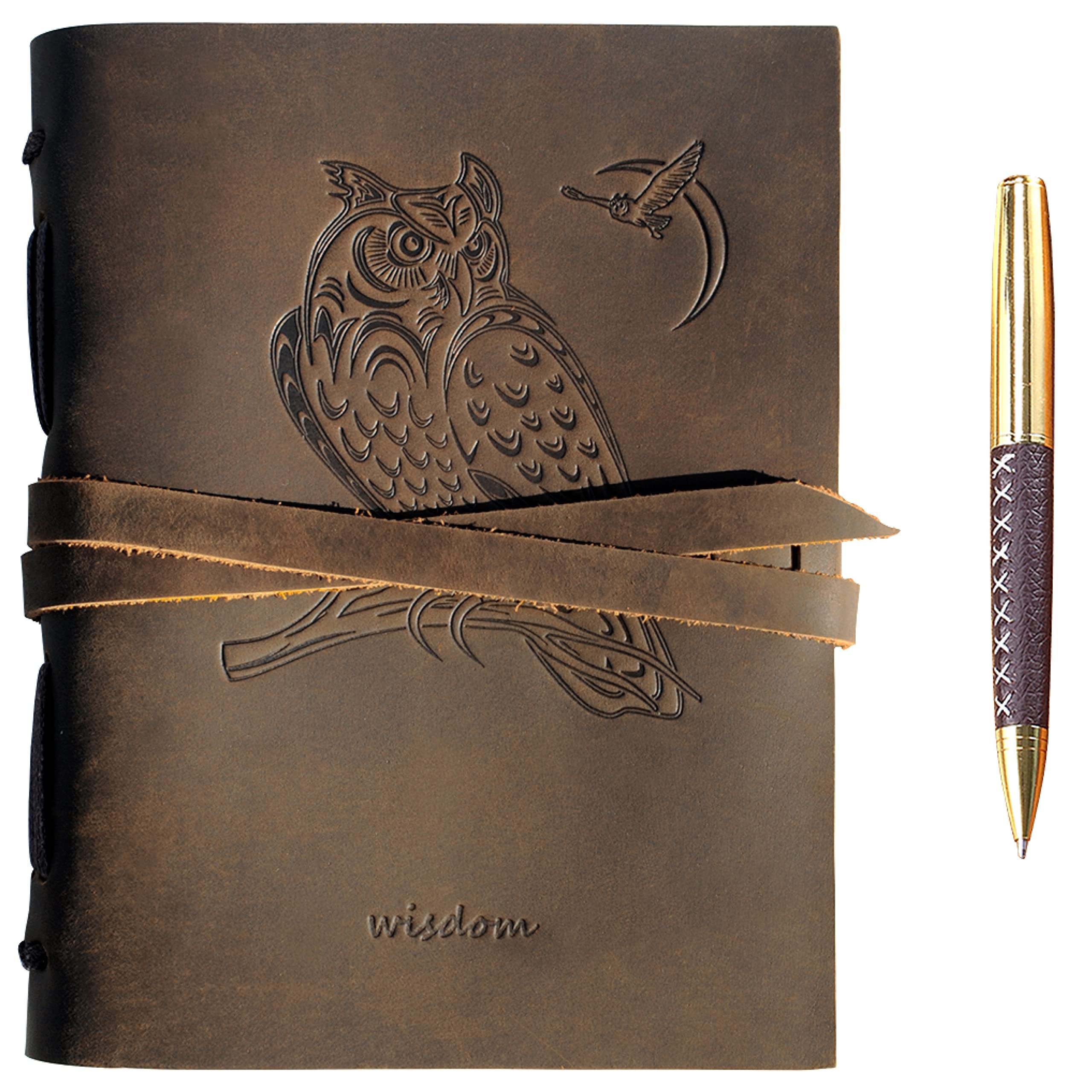 Leather Journal Owl Notebook Embossed Handmade Travel Diary | A5 Vintage Writing Bound Journal for Men for Women 6"x8" | Wildlife Theme Genuine Leather with Plain Paper for Notes Sketchbook + Pen