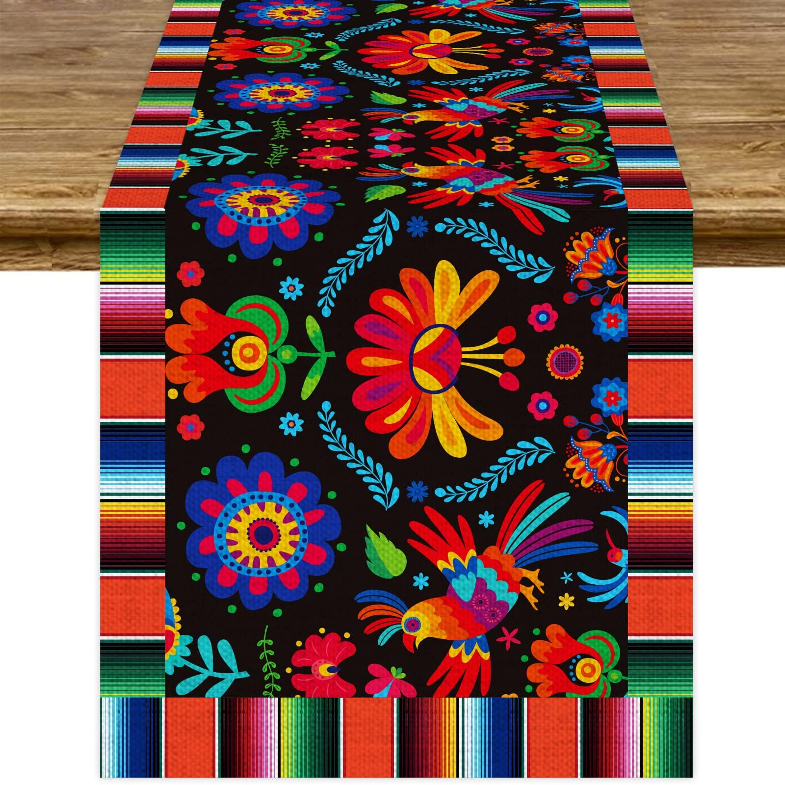 Photo 1 of Linen Mexican Fiesta Table Runner Decoration 72×13inch Long Fifth of May Dia De Los Muertos Runners Farmhouse Rustic Runner Day of The Dead Decor and Supplies for Kitchen Dining Home Table Decoration