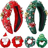 Maysing 6 Pcs Christmas Headband for Women Set 2 Pearl Rhinestone Knotted Crystal Headband 4 Xmas Hair Scrunchies, Wide Top Knot Red Green Jeweled Fashion Christmas Holiday Hair Accessory Outfits Gift
