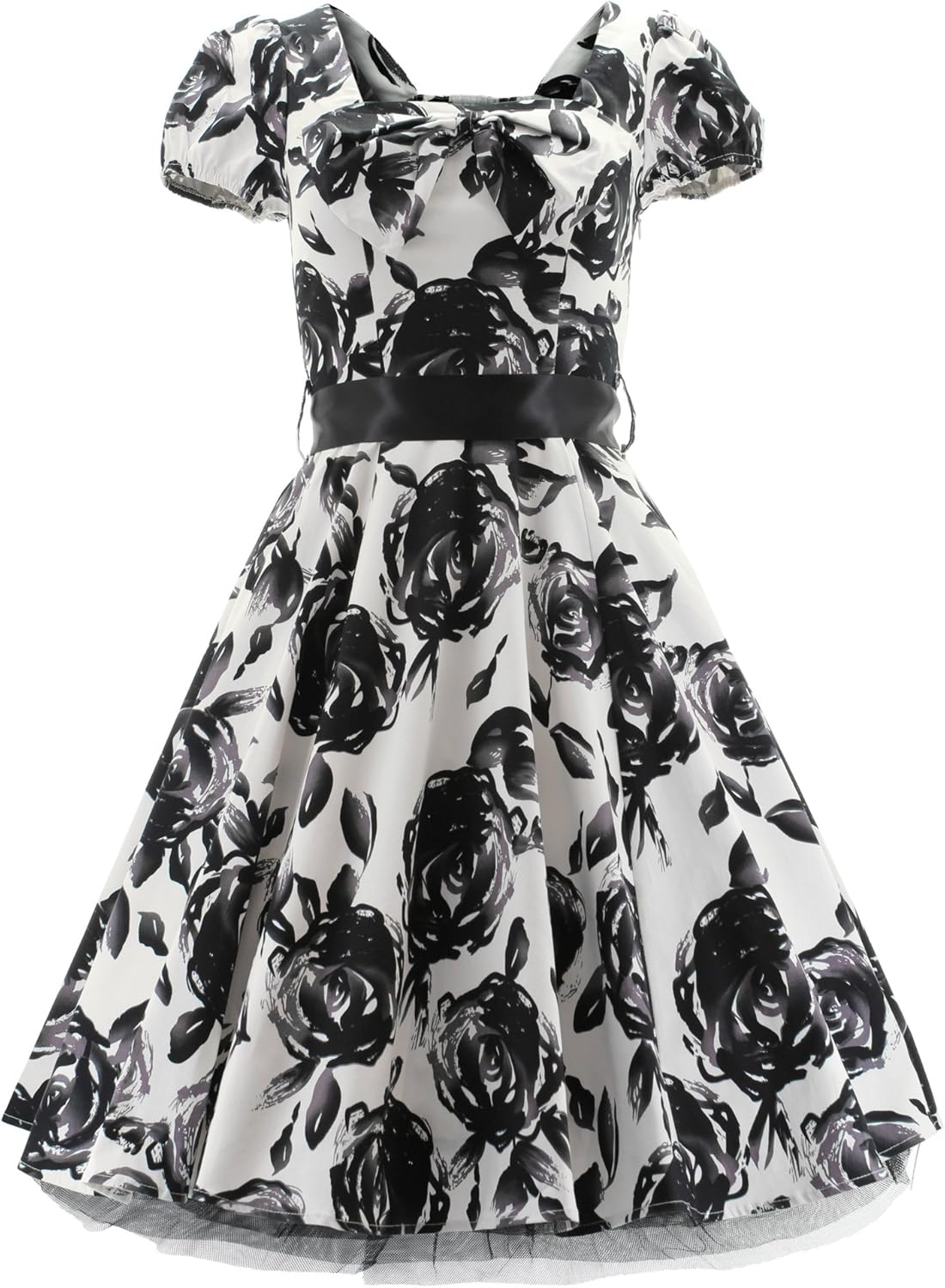 white dress with black roses