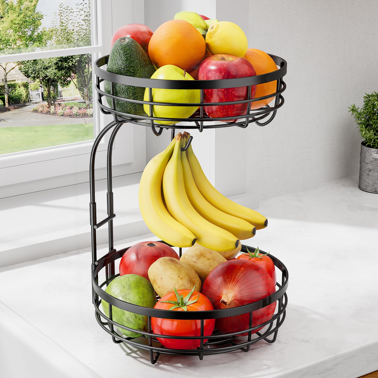 Photo 1 of (see all images) Sakugi Fruit Basket for Kitchen Counter - 2-Tier Large Capacity Fruit Bowl with Detachable Banana Hanger