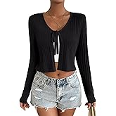 SECRETEYARD Womens Tie Front Cardigan Long Sleeve Rib Knit Shrug for Dress Sweaters Crop Tops