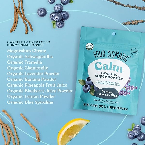 FOUR SIGMATIC CALM SUPER POWDER | ORGANIC SUPERFOOD POWDER WITH MAGNESIUM CITRATE, ORGANIC CHAMOMILE EXTRACT, AND TREMELLA MUSHROOM EXTRACT | BLUEBERRY DRINK MIX (4.94 OZ.)