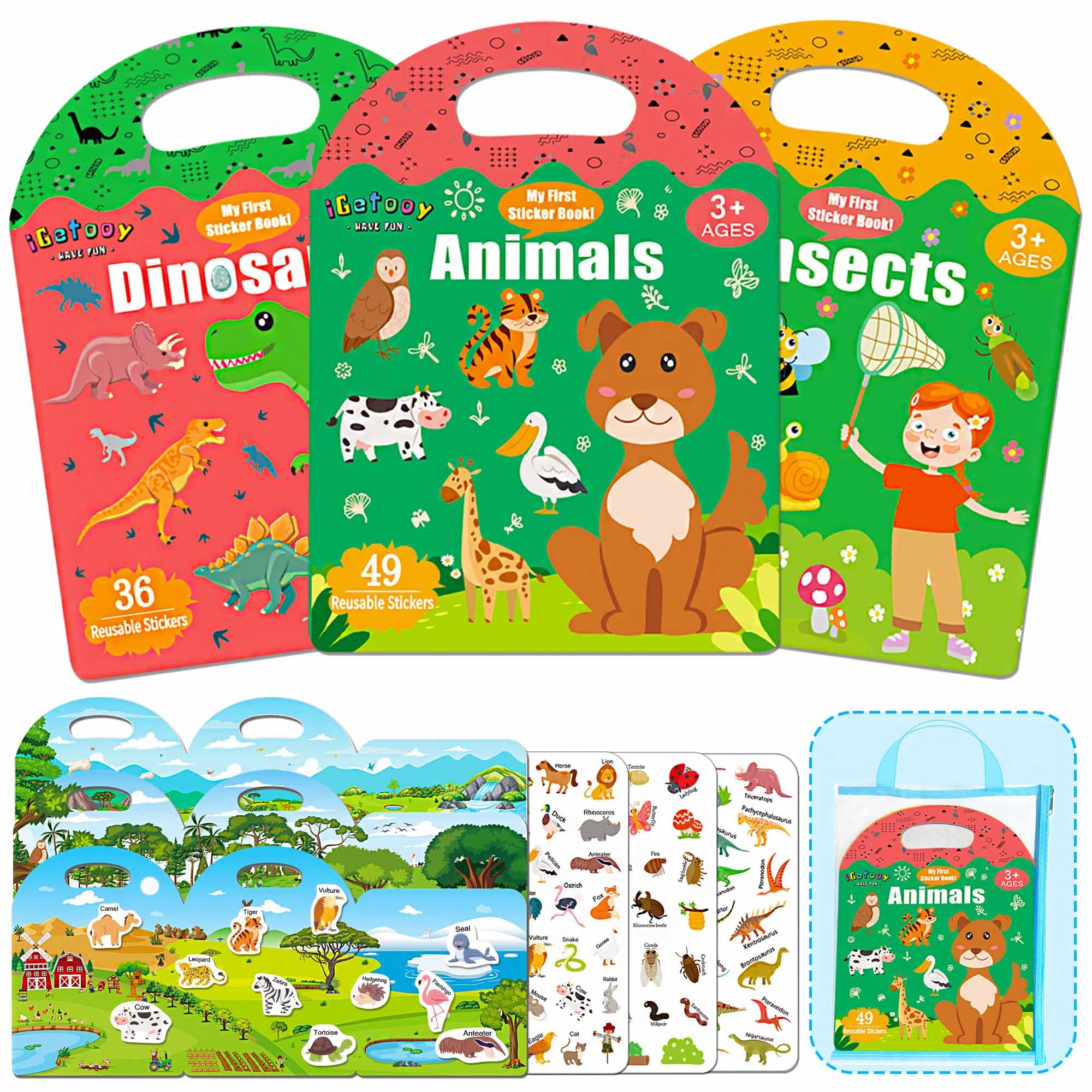 Reusable Sticker Books for Kids, 3 Sets Jelly Quiet Book, 126 Pcs Restickable Stickers for Kids, Preschool Learning Activities for Toddler Airplane Travel Essentials for Girls Boys 2-6 Year