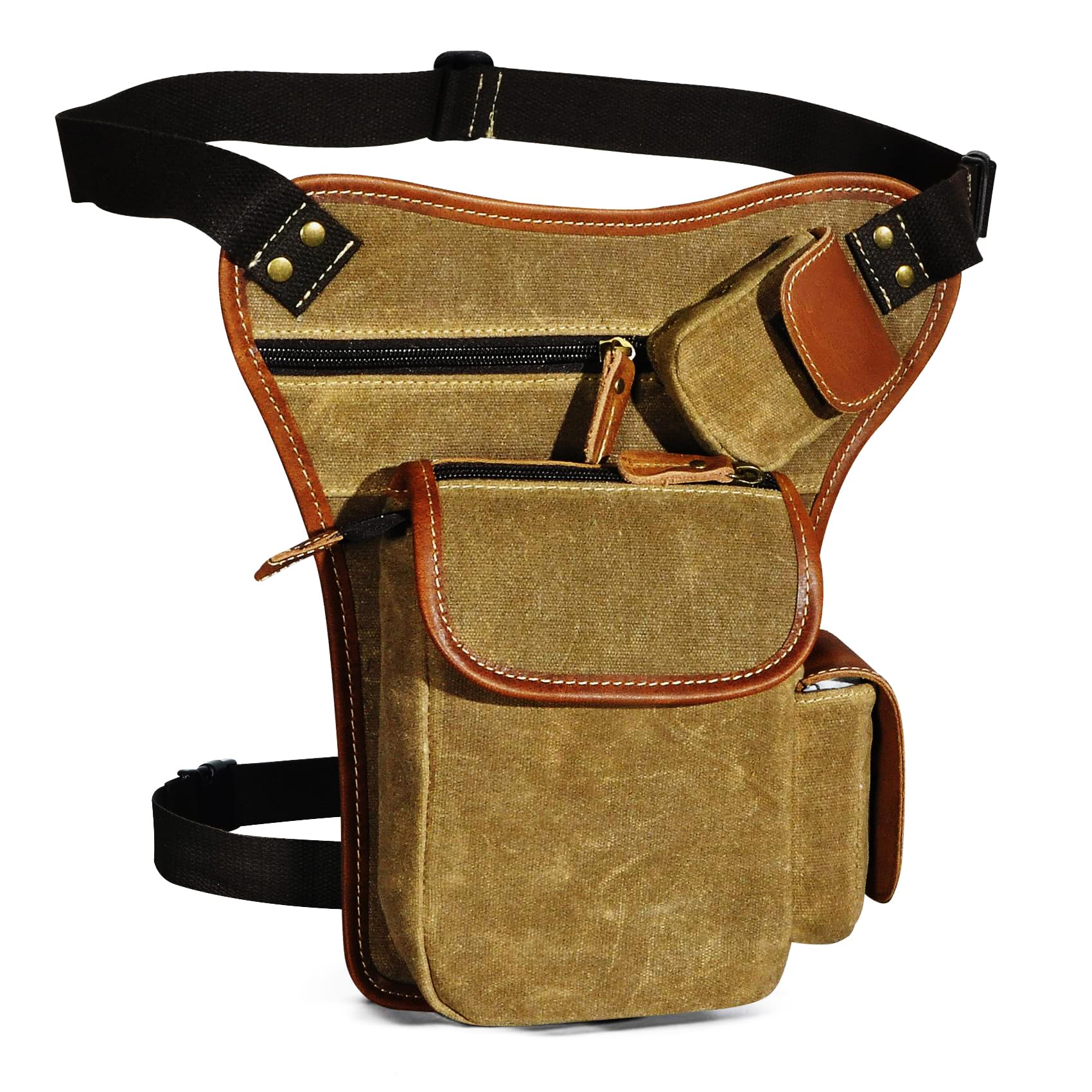 Handadsume Water Resistant Canvas + Genuine Leather Motorcycle Travel Fanny Waist Pack Drop Thigh Leg Bag Pouch for Men Women 913-5 (Z-3106-Light Brown)