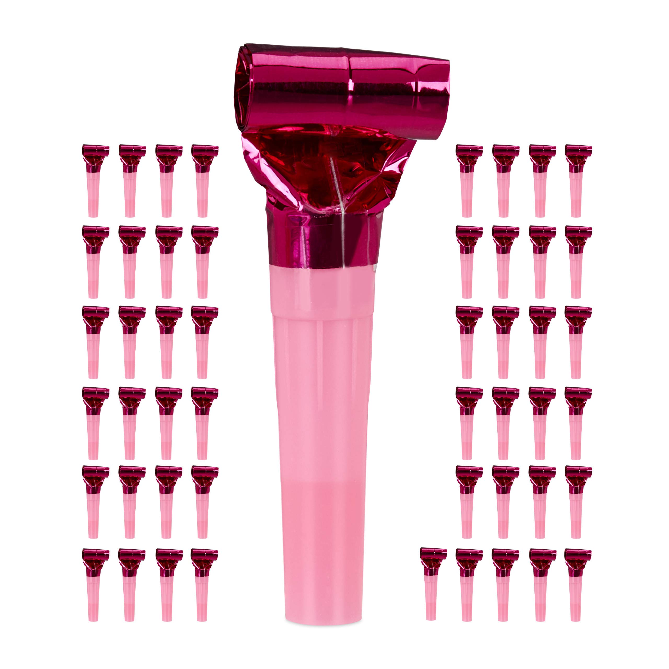 Relaxdays Party Blowers Pack of 50, Kids’ Noisemakers, Birthday Treats, Trumpet Set, Whistle, Pink