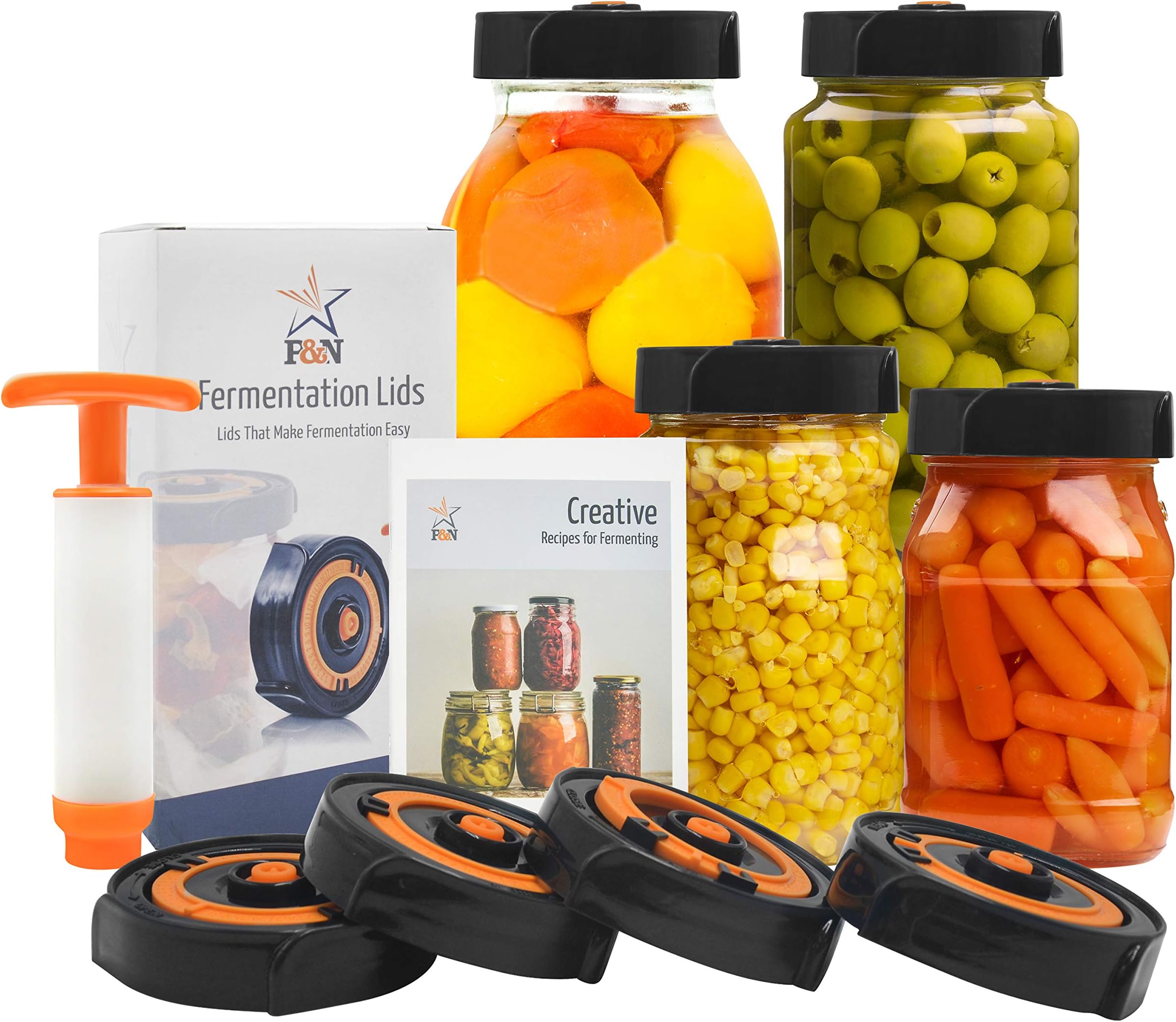 Fermentation Lids for Wide Mouth Mason Jar - 4 x Fermenting Lids (Jars Not Included), Extractor Pump and Ferment Recipe Book Make Sauerkraut, Kimchi, Pickles Or Any Fermented Food.