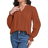 LAPHEE ROSE Boho Tunic Top for Women Long Sleeve V Neck, Button Down Blouse Swiss Dot Lace Dressy Casual Holiday Shirt