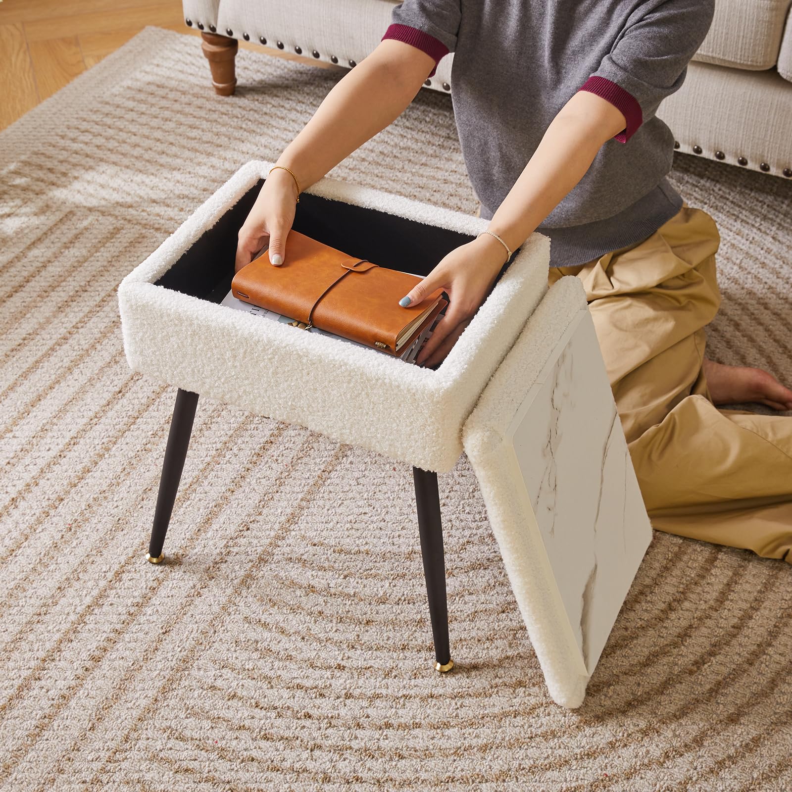 Aibiju Teddyfellimitat Hocker mit Stauraum, Rechteckiger Fußstützenstuhl Ottoman,Schminktischsitz, Kleiner Beistelltisch für Schminkzimmer, Schlafzimmer, Weiß YD-SMS137W 9