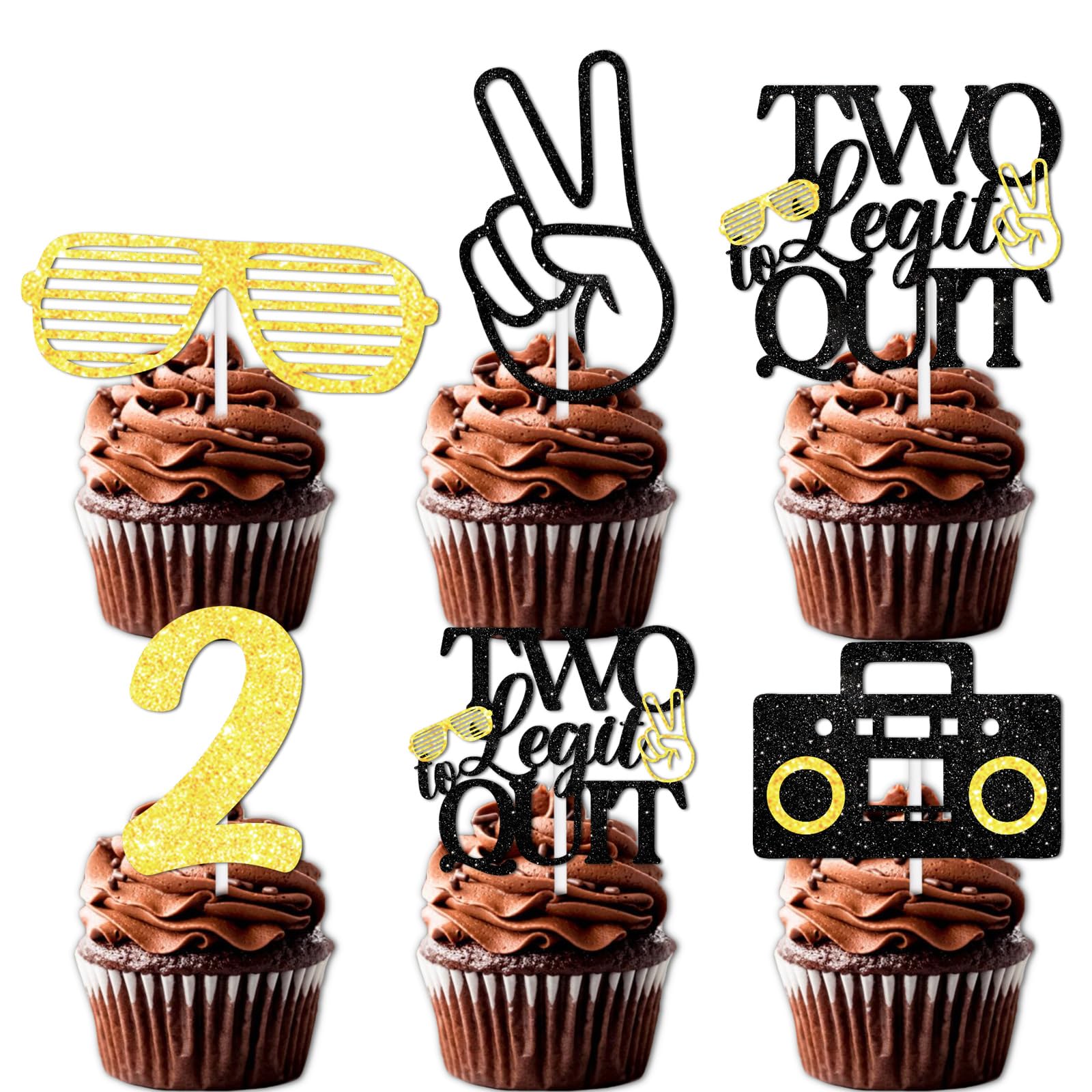 Photo 1 of 18pcs Black Gold Glitter Dessert Cupcake Topper Retro Radio Two Legit Quit Theme Decor Supplies Baby Shower Boys Girls Happy 2 Years Old Birthday Summer Party Decorations