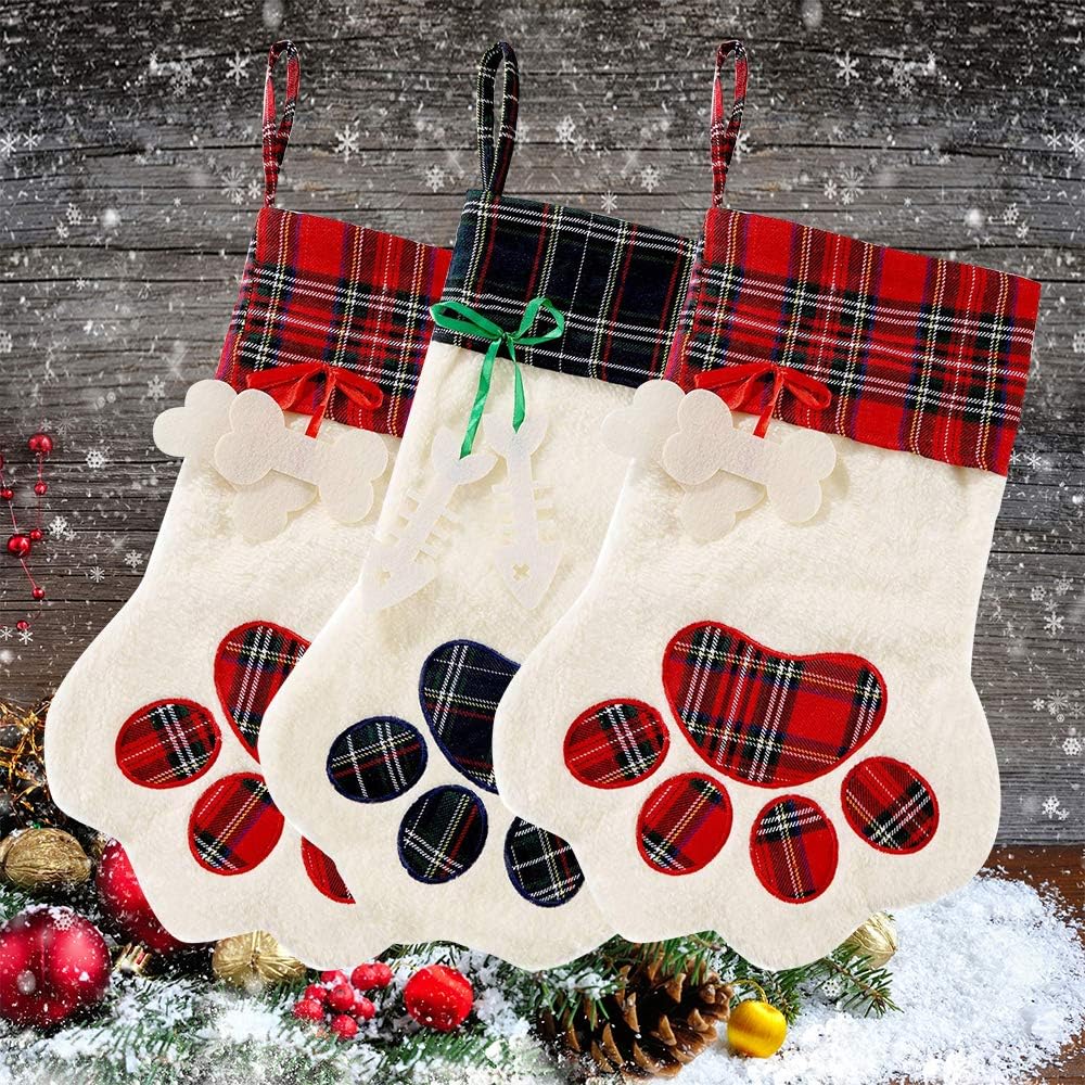 Christmas Stocking 18"x11" Tree Hanging Decorations Set with Paw Santa's Toys Stockings Personalized Gift Large Paw Ornaments Keepsake Stocking for Kids Cats Dogs (3 Pack)