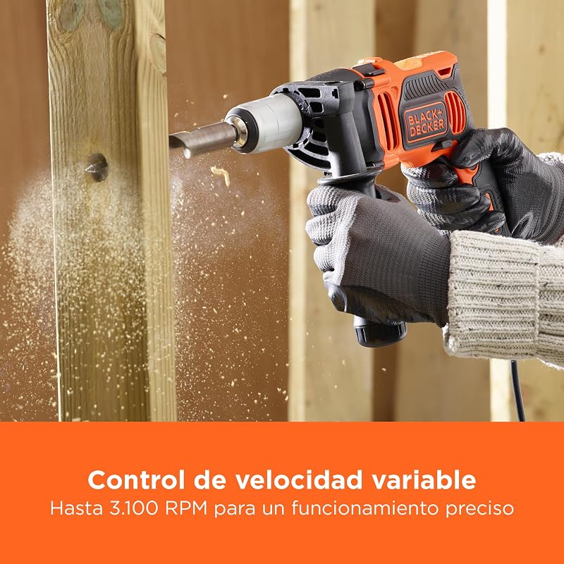 Taladro percutor de 1 marcha 850W, velocidad variable, bloqueo del eje, compacto y ligero, incluye 6 brocas y caja de herramientas, BEH850K-QS