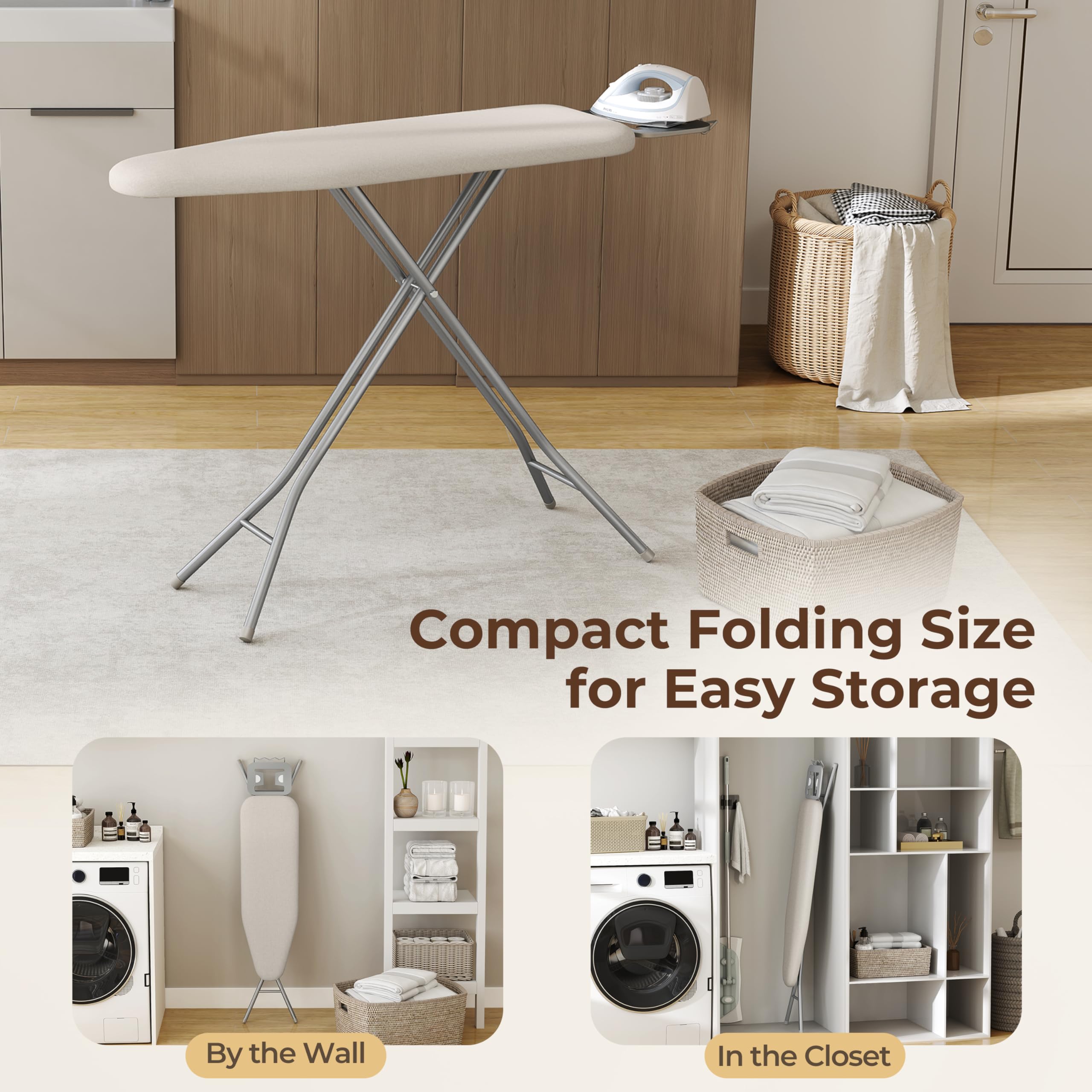 Yaheetech Foldable Ironing Board, Heavy Duty Iron Board with 9 Adjustable Heights, 4 Layer Cover and Safety Iron Rest, 52X14 Compact and Space Save Iron Board for Home Laundry Room Use, Beige