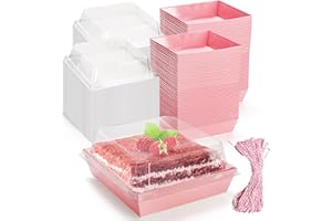 Hiceeden 100 Pcs Pink Paper Charcuterie Boxes with Clear Lids, 5.3"×5.1"×2.4" Cardboard Dessert Food Containers with Rope, Di
