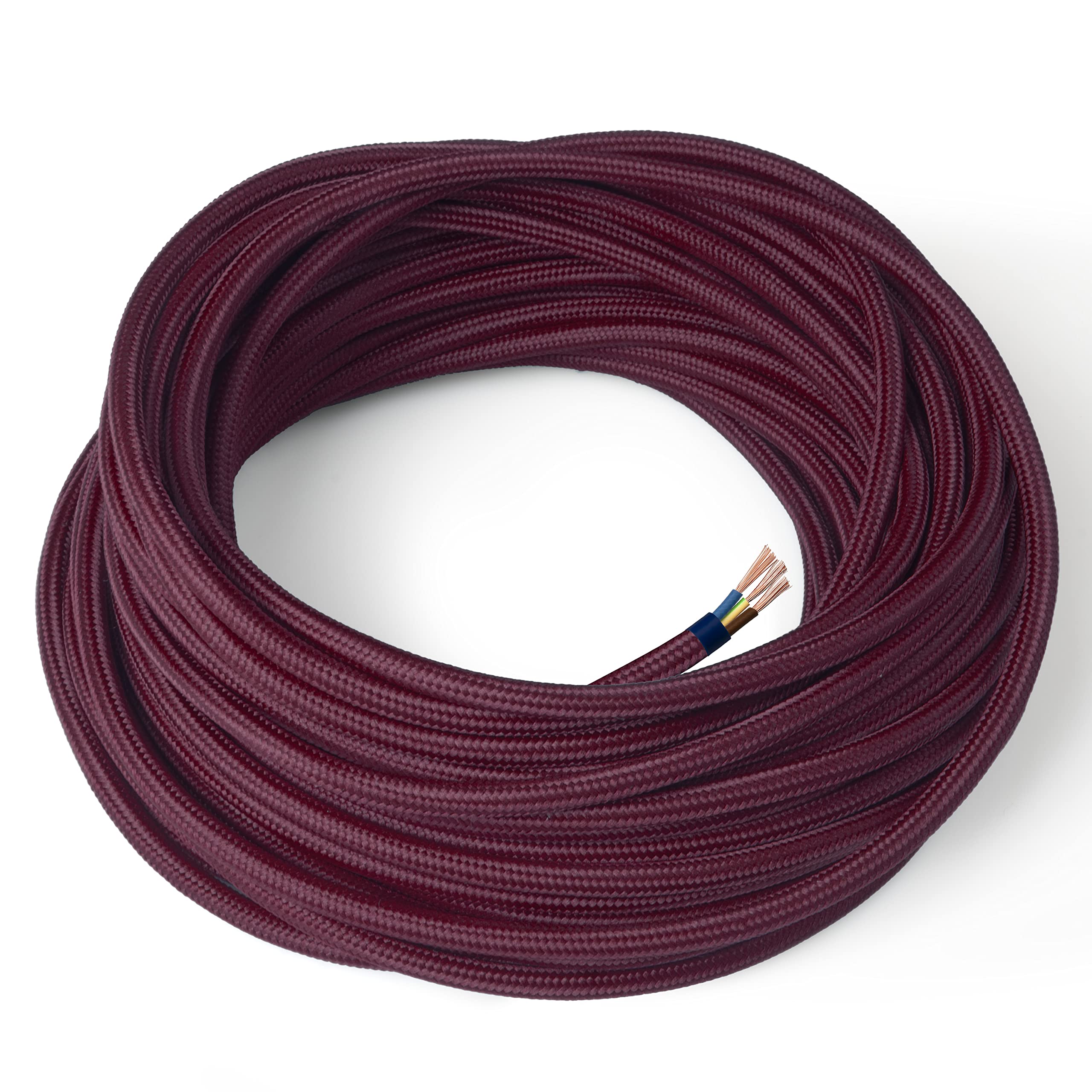 Amarcords - Textile electric cable color BORDEAUX silk round 5 meters grounded 3x075mm - Wire coated in colored vintage fabric chandelier lamp sconces and lampshades.