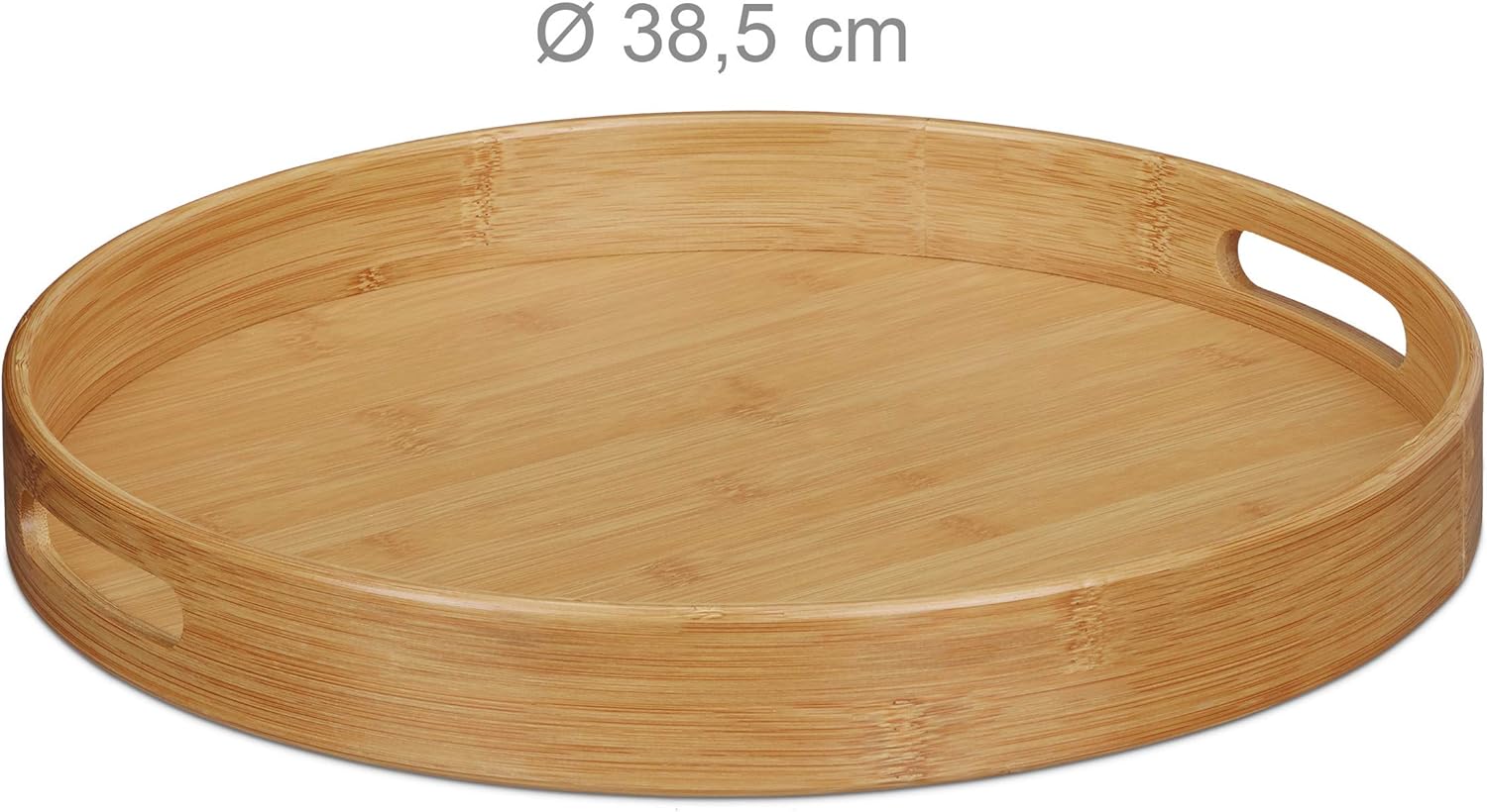 Relaxdays Round Bamboo Serving Tray, Raised Edge, Food Tray, Cut-Out Handles, Size: 5 x 38.5 x 38.5 cm, Wood, Natural - Image 5