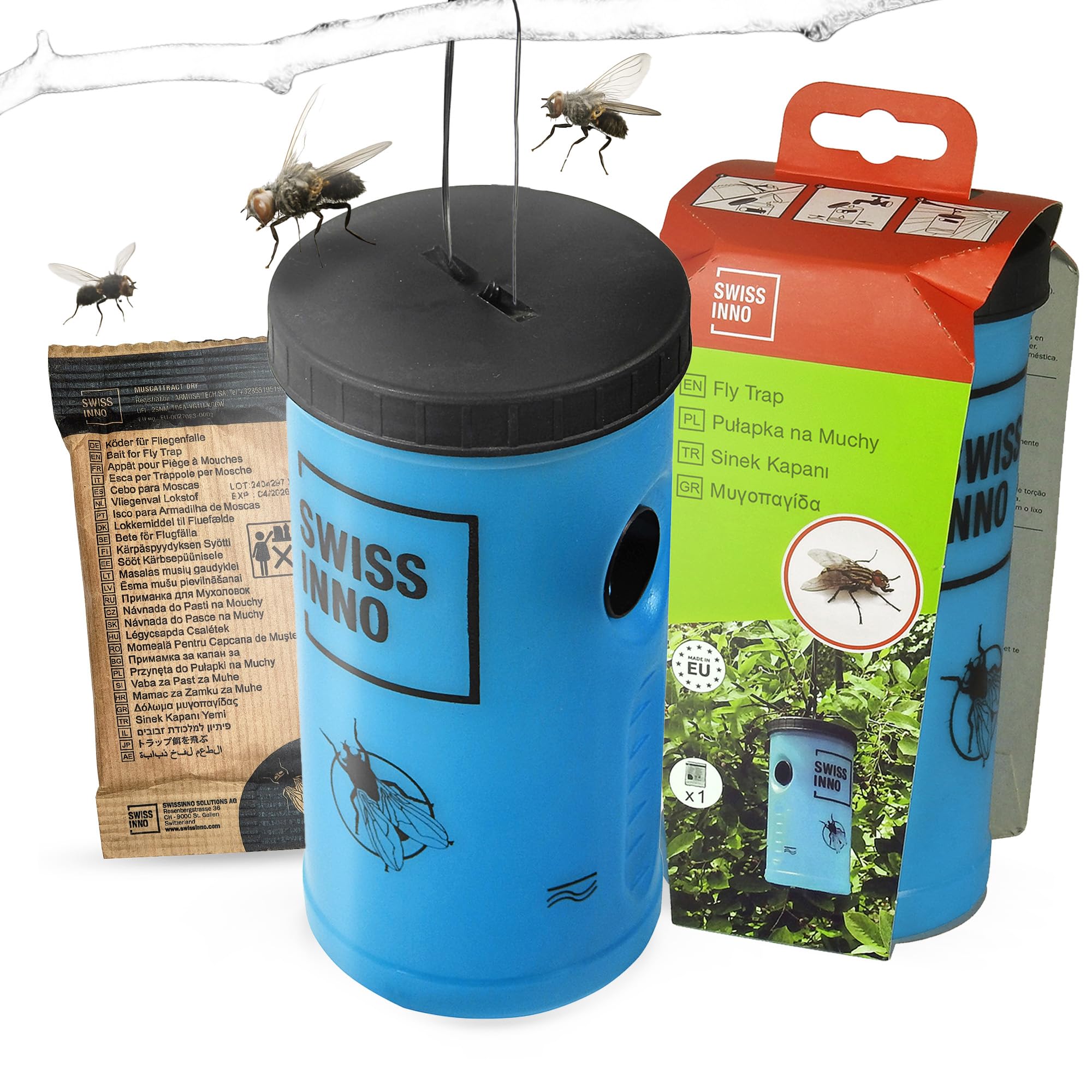 SWISSINNO Outdoor Fly Trap with Bait – Reusable Hanging Fly Catcher for Garden, Patio and Bin Areas