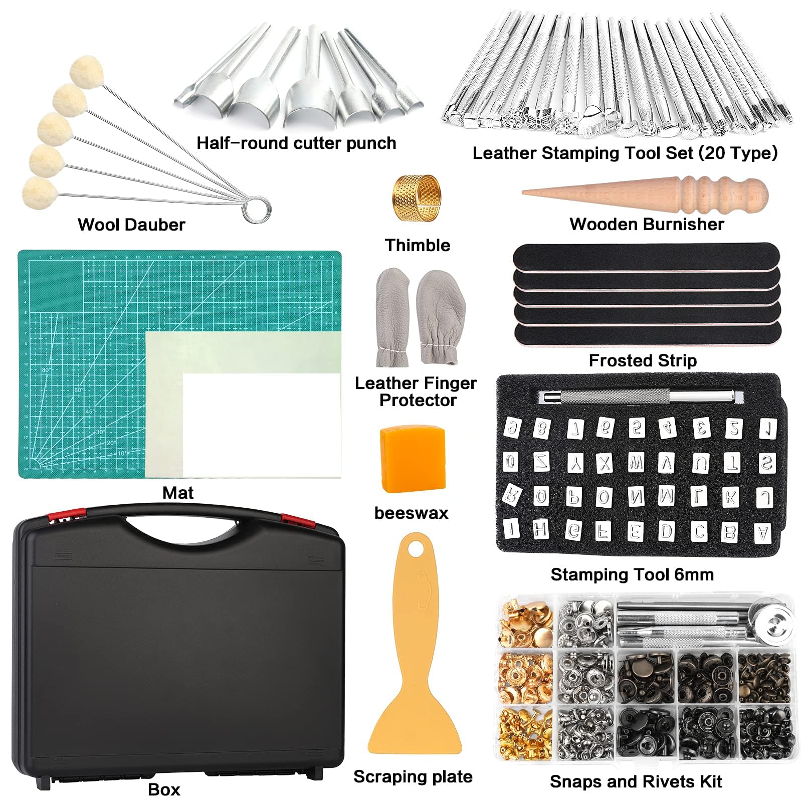 273 Pieces Leather Working Tools and Supplies with Leather Tool Box Cutting Mat Hammer Stamping Needles Snaps and Rivets Kit Perfect for Stitching Punching Cutting Sewing Leathercrafting Making