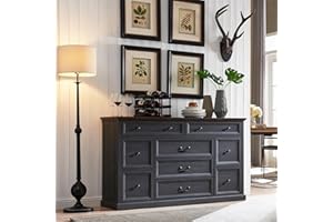 SinCiDo Farmhouse Buffet Cabinet, 60" Storage Cabinet w/9 Drawers, Large Wood Rustic Sideboard Cabinet w/Three Drawer Sizes, Coffee Bar Cabinet for Dinning Room, Hallway, Bedroom, Dark Grey