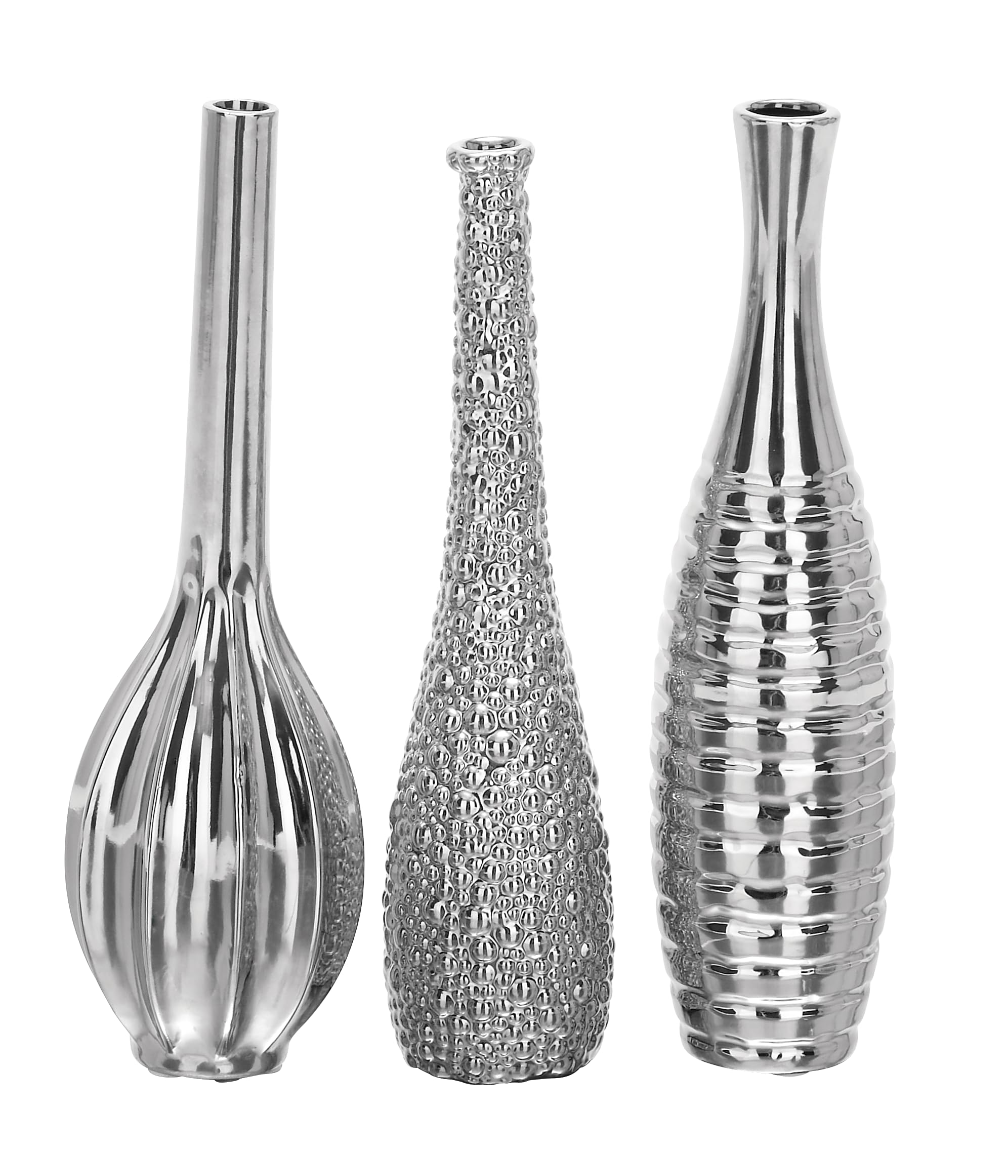 Photo 1 of ***SEE NOTES***Deco 79 Ceramic Decorative Vase Slim Textured Bottleneck Centerpiece Vases with Varying Patterns, set of 3 Flower Vases for Home Decoration 3" x 3" x 12", Silver