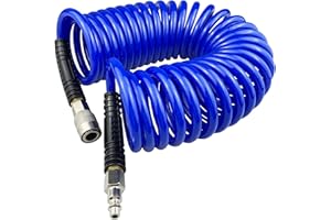 Darnassus Polyurethane Recoil Air Hose, 1/4" Inner Diameter,25 Feet Blue with Bend Restrictor and Industrial Quick Coupler an