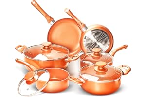 FRUITEAM 10pcs Cookware Set Ceramic Nonstick Soup Pot/Milk Pot/Frying Pans Set | Copper Aluminum Pan with Lid, Induction Gas Compatible, 1 Year Warranty Mothers Day Gifts for Wife…