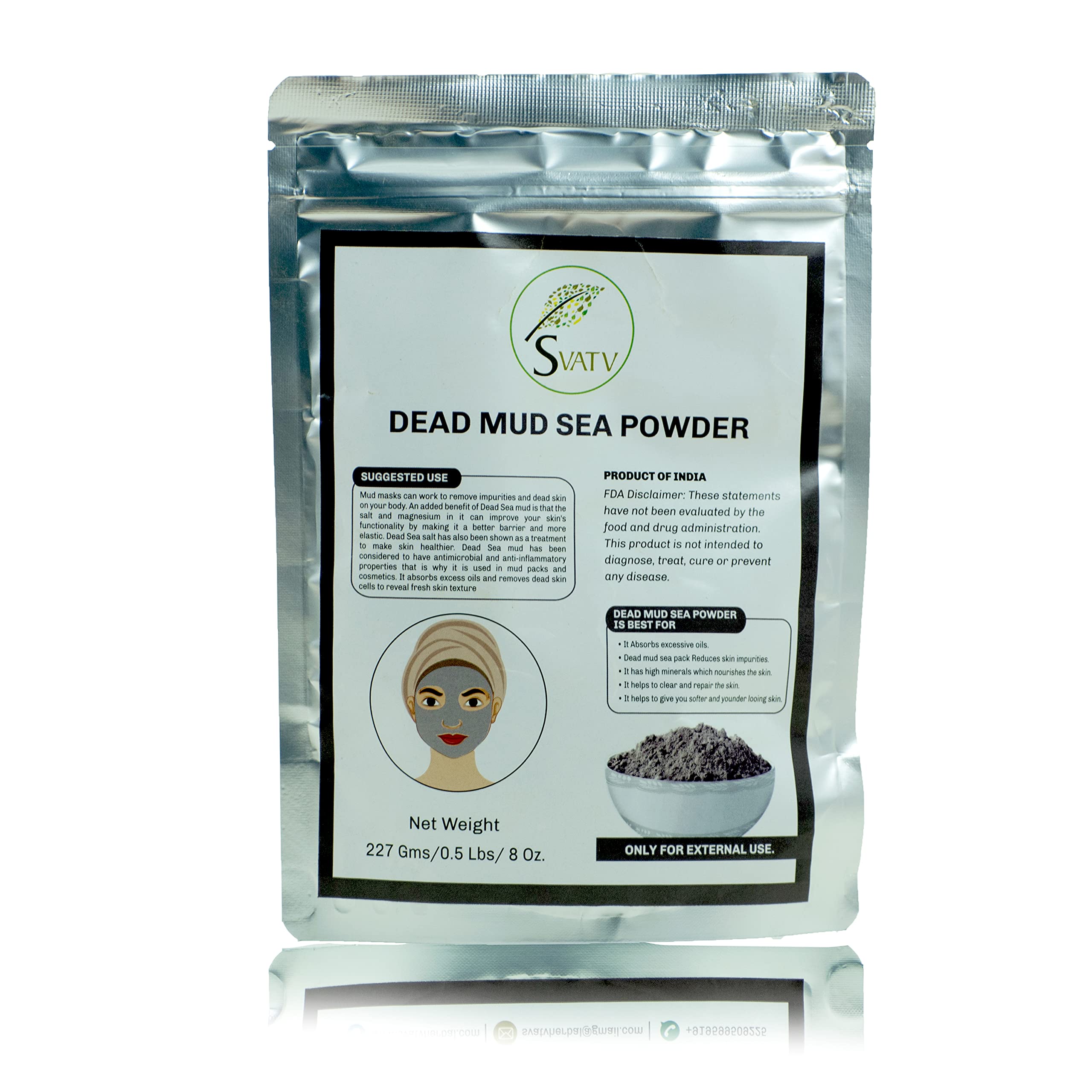 SVATV Dead Sea Mud Powder with Nourishes Exfoliates Softens & Detoxify, Skin, Deep Pore Cleansing Properties - Face Mask Powder, Mud Bath or Dead Sea mud for All type of Skin- 227g | 8 Oz